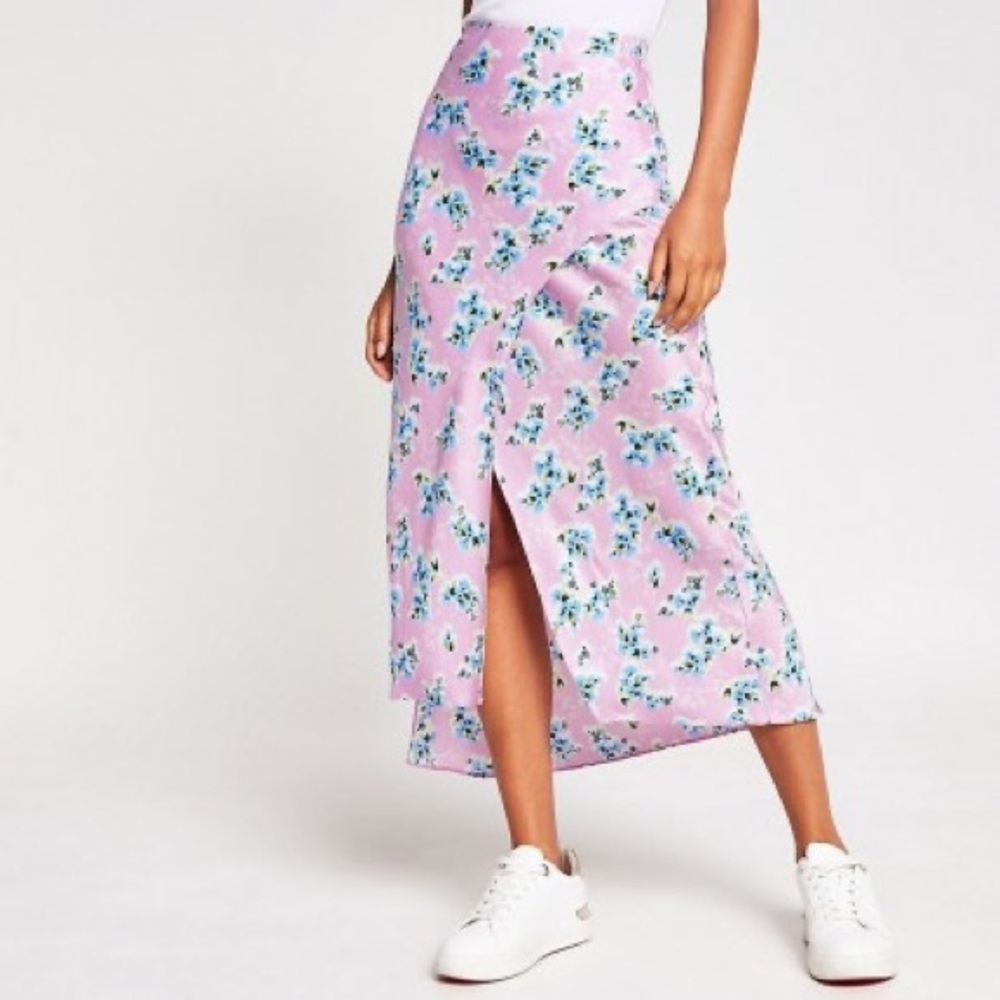 River Island Pink Floral Midi Skirt